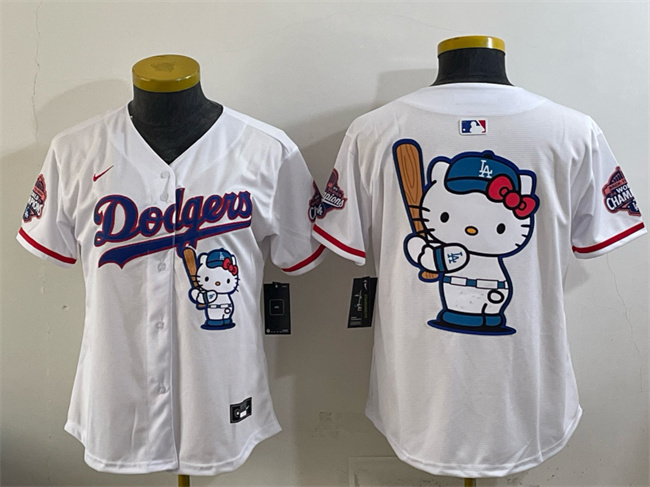 Women's Los Angeles Dodgers Team Big Logo White Hello Kitty Night 2025 World Series Champions Patch Stitched Baseball Jersey(Run Small)
